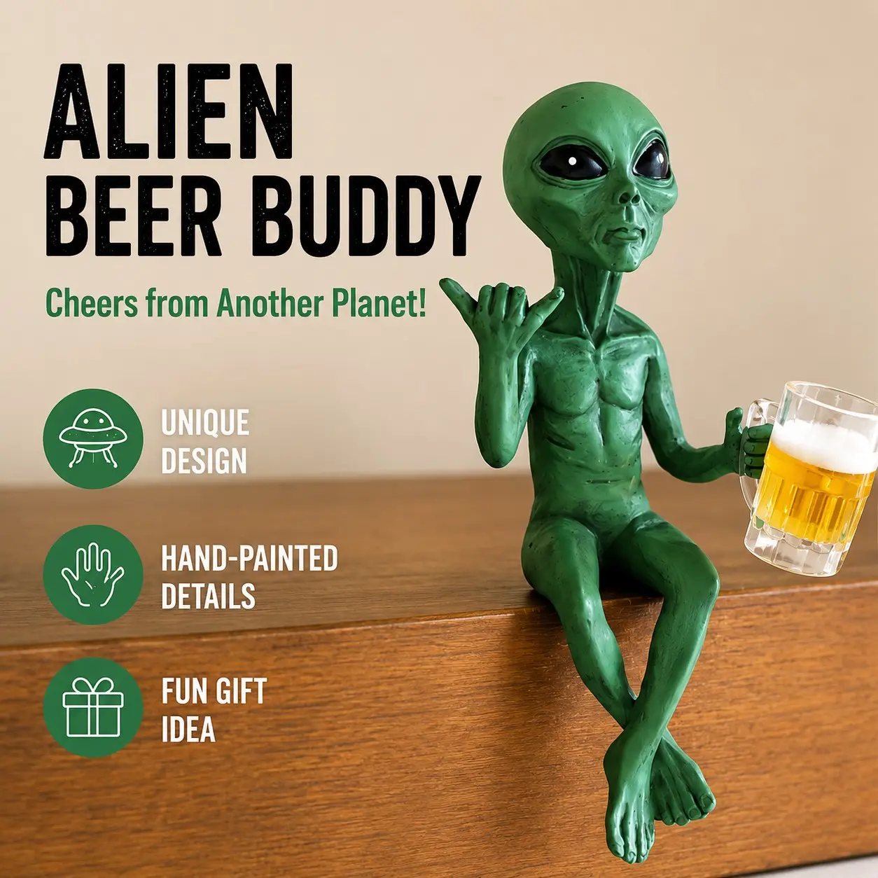 Resin Alien Figurine Holding Beer Cup, Hanging Ornament for Bar Cabinet Bookshelf Desktop Edge Decoration, Unique Home Decor Item