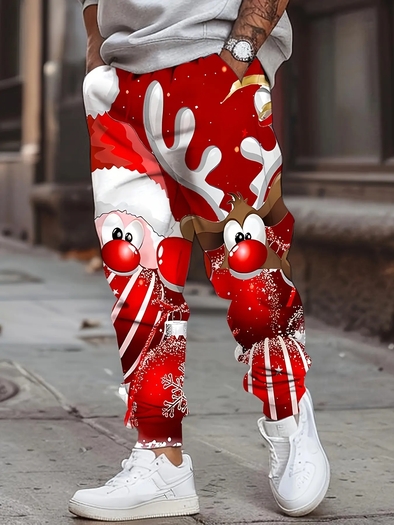 Men'S Fashion Design 3D Christmas Santa Reindeer Pattern Print Sweatpants With Drawstring And Pockets, Stylish Long Trousers
