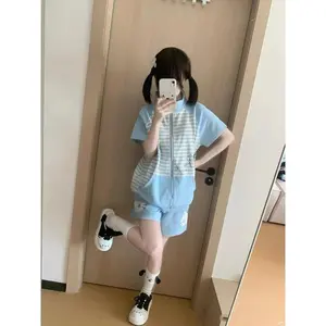Y2k Japanese Short Sleeve Hoodie Sweet Women Casual Bodycon Kawaii Top Stand Collar Cat Embroidery Zipper Spring Summer
