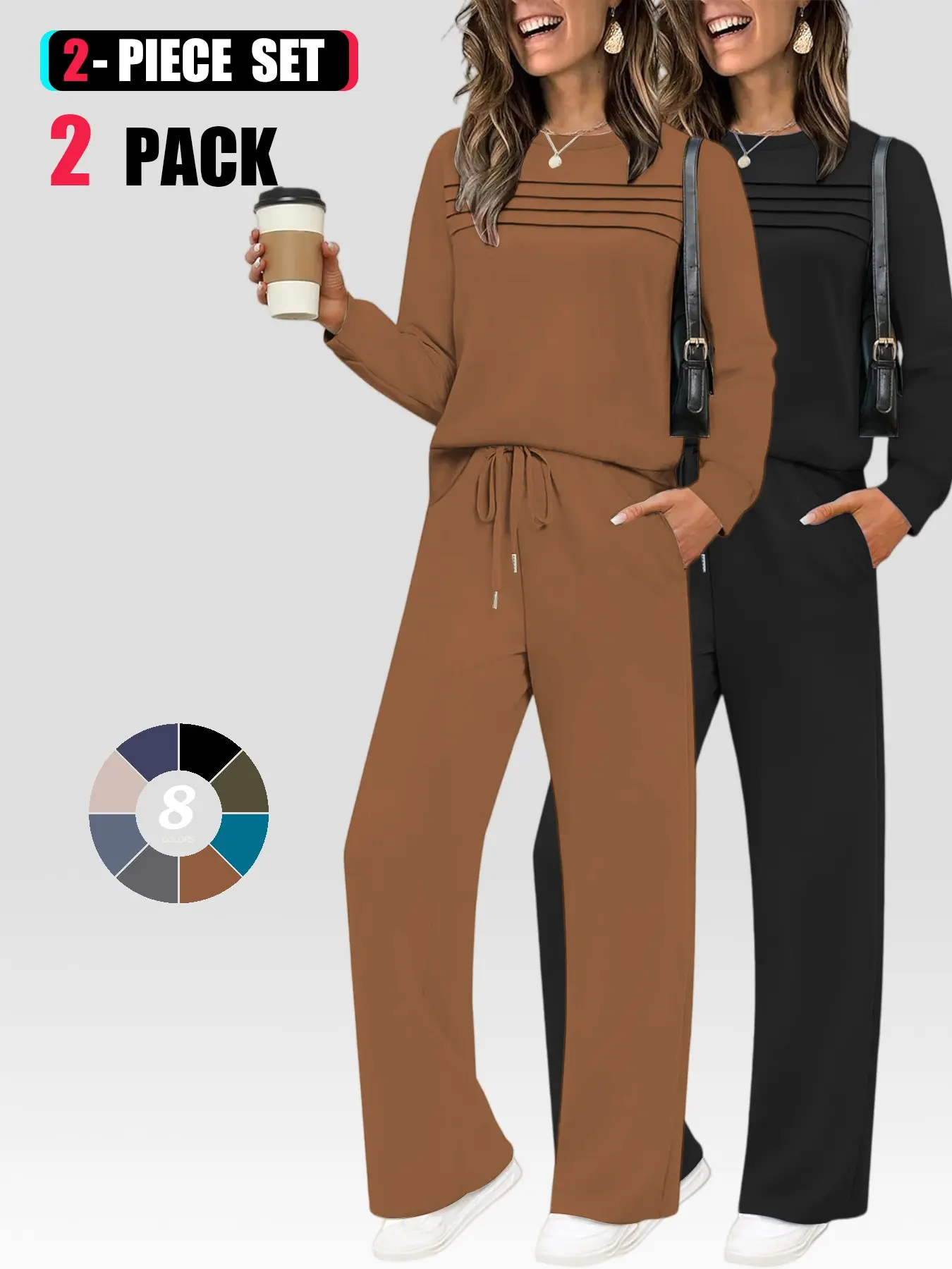 Women 2-Piece Casual Set, Crew Neck Long Sleeve Top, Front Pleated Detail, Drawstring Elastic Waist, Wide Leg Pants with Pockets