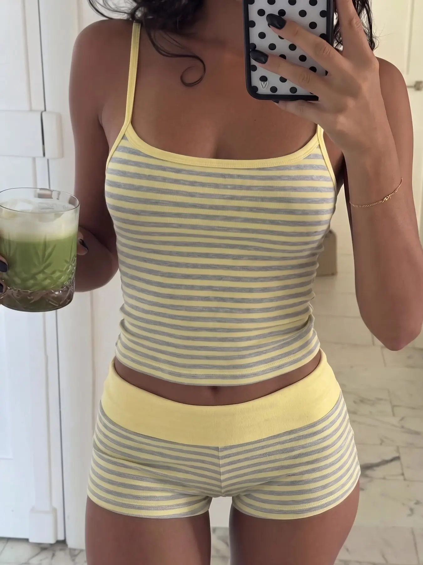 Women Minimal Lazy Two Pack Lounge Pajama Set Soft Smooth Stretch Rib Knit Pastel Cream Yellow Base Even Light Grey Thin Horizontal Stripes Big U Neck Thin Spaghetti Strap Cropped Cami Top Solid Wide Fold Elastic Waistband Loose Straight Leg Short Matchin