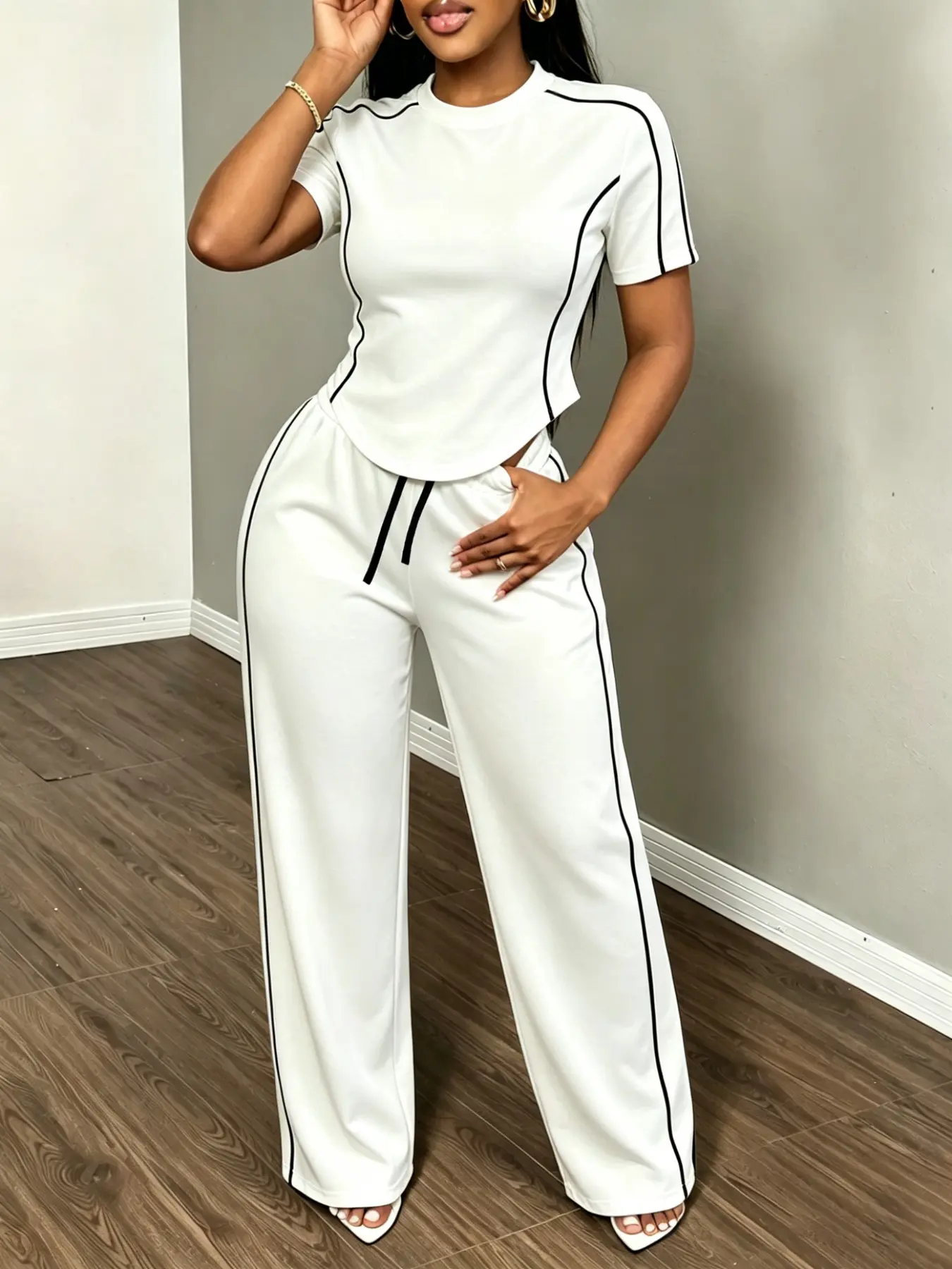 Women's Spring Summer Sporty Two-Piece Set, Fitted Round Neck T-Shirt & Wide Leg Pants, Casual Outdoor Wear, Multiple Colors Available, Sports Activewear Set
