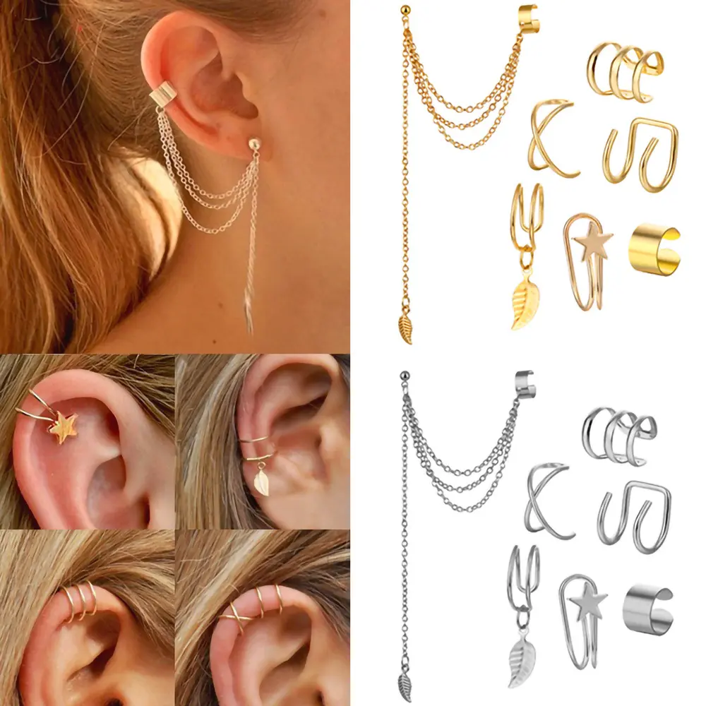 Gold Silver Ear Cuff Set for Women Non Piercing Cartilage Earrings Pack Punk Long Chain Tassel Leaf Star Clip on Earring Fake Piercing Jewelry Gift