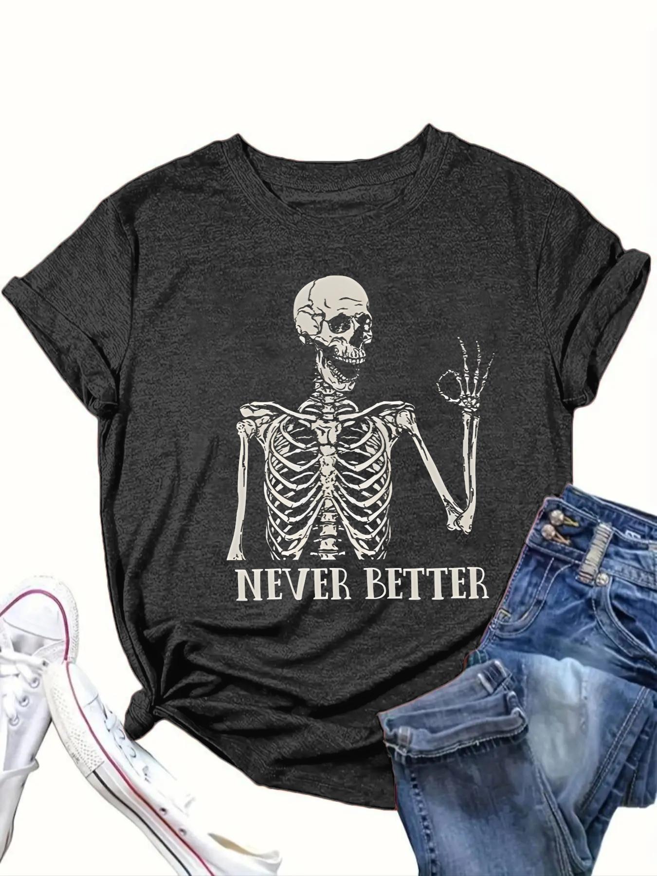 【Plus Size】 Letter & Skull Print Round Neck Tee, Casual Short Sleeve Crew Neck T-Shirt for Daily Wear, Women's Clothing for All Seasons, Halloween