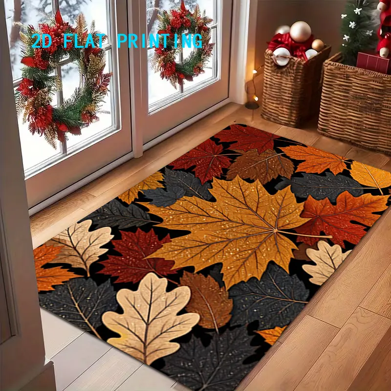 1 Pack Fall Maple Leaf Pattern Non-Slip Machine Washable Flannel Floor Mat - Soft Memory Foam Bath Mat for Front Door, Entryway, Household Decor, Christmas, Santa Themed Home Supplies