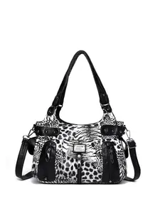 1pcRetro leopard print zebra print patchwork tote shoulder bag, women's trendy faux leather handbag, large capacity casual detachable shoulder strap commuting travel crossbody bag