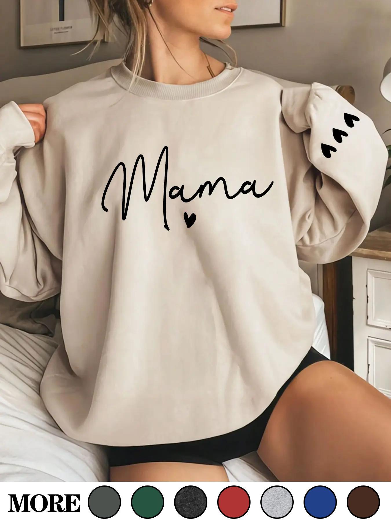 Women's Cartoon Mama Letter & Heart Print Pullover Sweatshirt, Casual Long Sleeve Crew Neck Pullover for Fall & Winter, Women's Clothes for Daily Wear