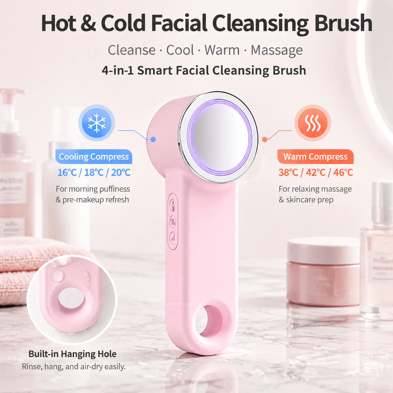[VEXORIA] 4-in-1 Hot & Cold Smart Facial Cleansing Brush - Silicone Face Scrubber with EMS Microcurrent, Red & Blue LED Light Therapy, IPX7 Waterproof, USB-C Rechargeable for Deep Clean, Lift & Firm Skin, Abs-Care Routine Compatible (Pink), Smart Device,,