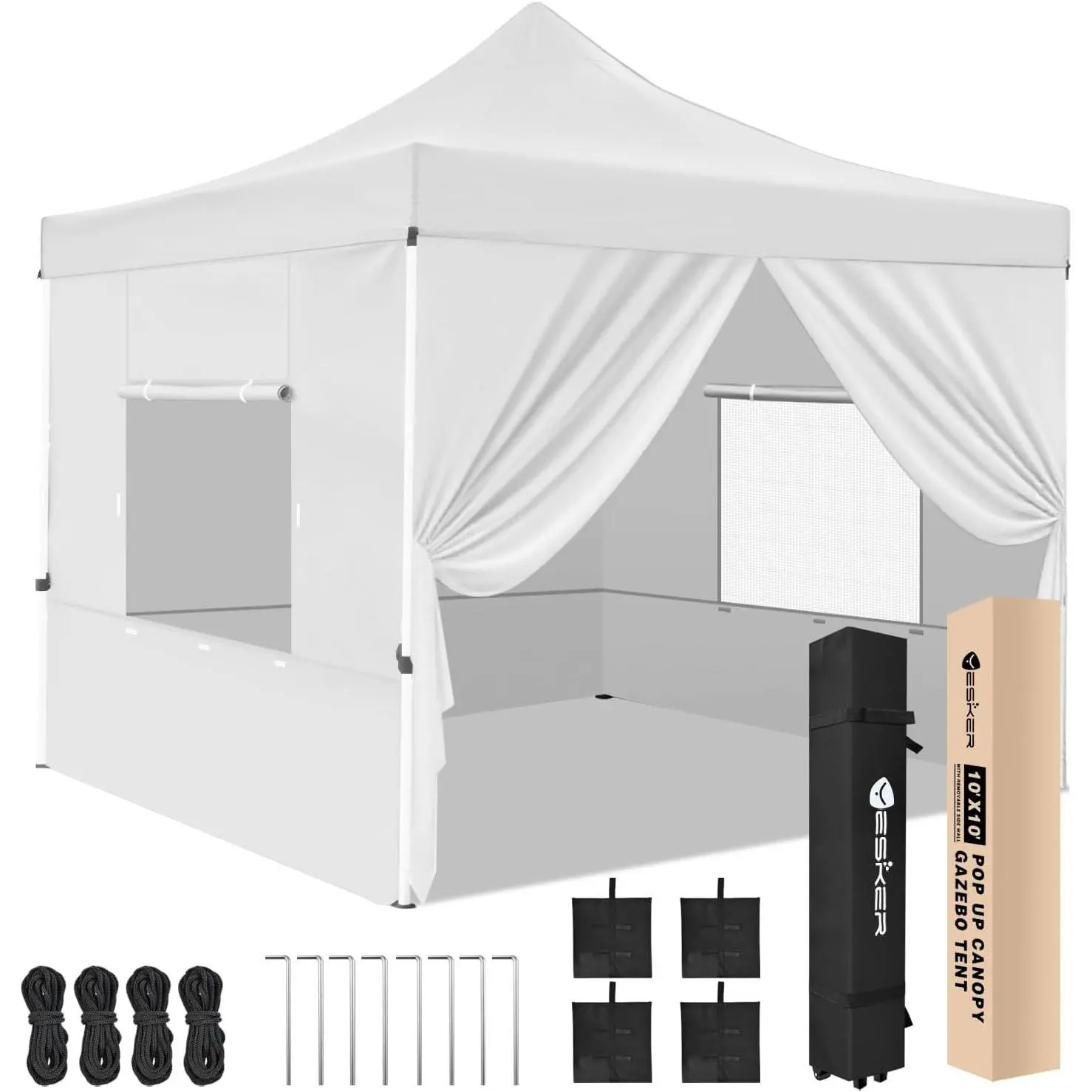 Yesker 10x10 ft Foldable Pop Up Canopy Tent - Sturdy, Adjustable, Waterproof Outdoor Gazebo with 8-Rib Cover, 4 Sidewalls, Base, Wheel Carry Bag, Sandbags for Backyard Events, Camping (6-10 People, White), Led Light, Square