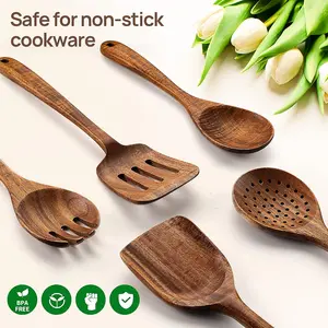 5 Piece Natural Wood Kitchen Utensils Set, High-Quality Wooden Spurtle Kit, Non-Stick Safe, Comfortable Grip, Ideal for Cooking