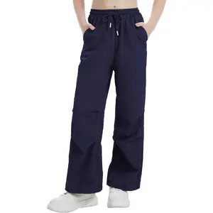 Girls Parachute Cargo Pants Drawstring Waterproof Casual Hiking Pants with Pockets Lightweight Running Joggers