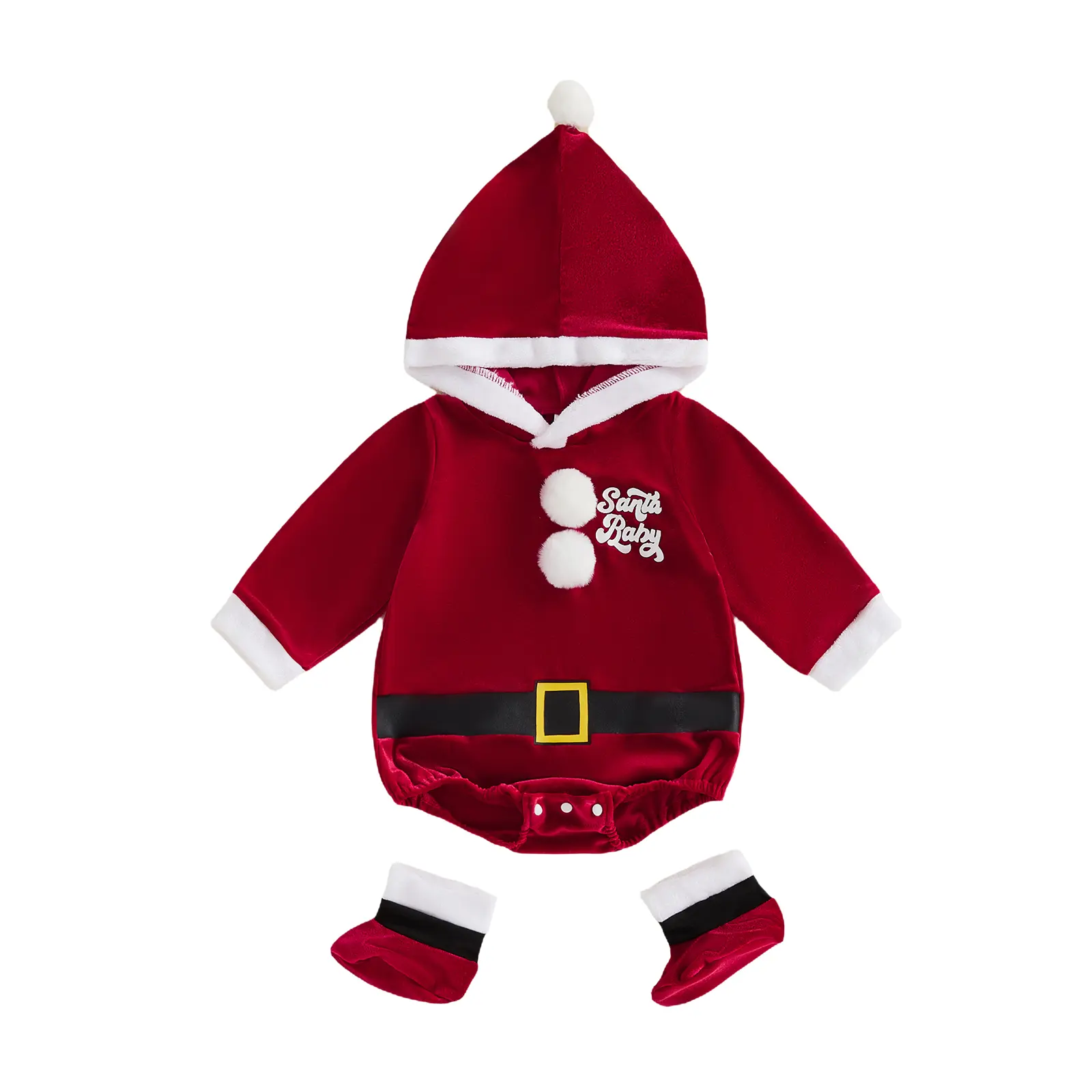 Babamoon Unisex Polyester Newborn Infant Santa Outfit, Long Sleeve Hooded Romper & Socks Set, 0-18M Christmas Santa Claus Hooded Set
