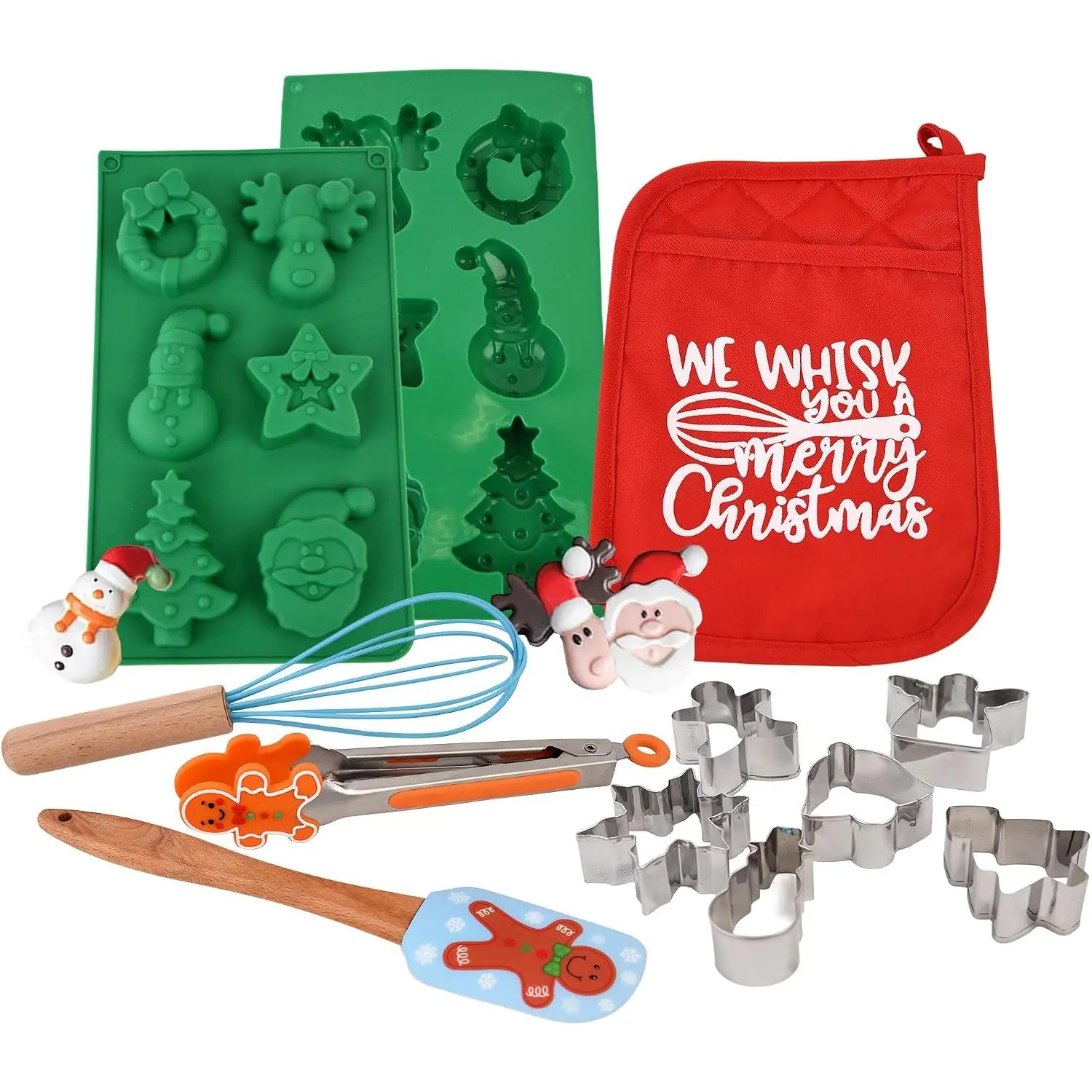 Christmas Baking Set – Santa Claus, Snowman, and Christmas Tree Shaped Cookie Cutters and Baking Tools – Family Kitchen Kit – Durable Materials and  Design – Christmas Kitchen Utensils