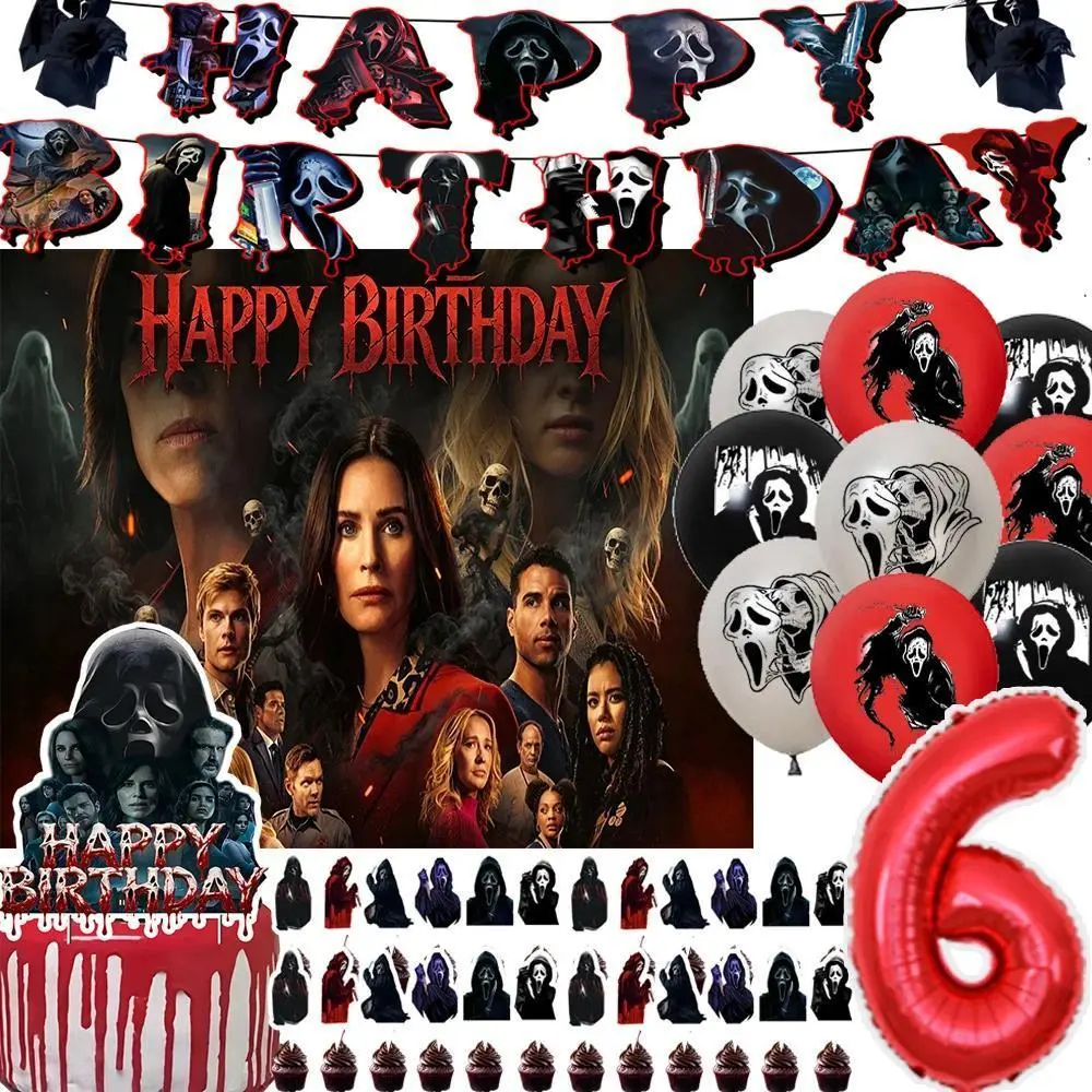 Horror Movie S-Scream Theme Birthday Party Supplies Ghost Face Balloon Banner Backdrop Cupcake Topper Halloween Kid Party Decor