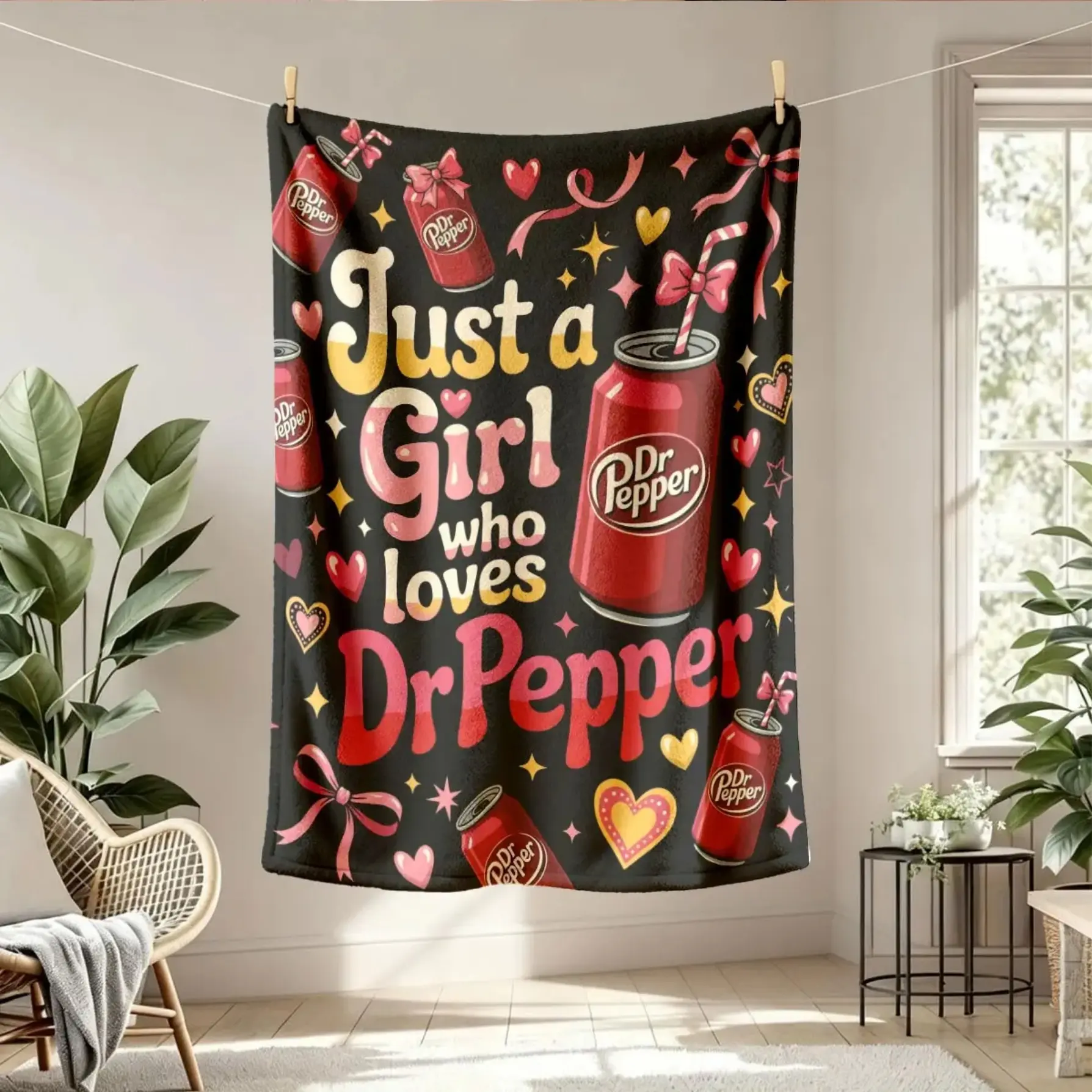 Cute Dr Pepper Sweetheart Flannel Throw Blanket Pink Bow Coquette Slogan Soft Warm Plush Fleece Cozy Bedroom Decor Bedding Couch Sofa Cover Travel Camping Global Picks Gift