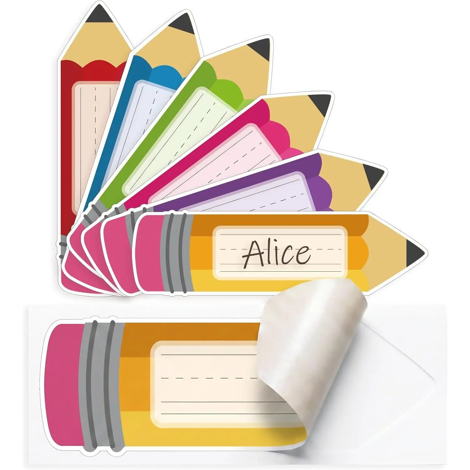 Student Name Tags & Pencil Name Labels Stickers, 36-Pack 9” Desk Name Plates, 6-Color Pencil-Shaped Labels with Writing Lines, Teacher Office Stationery Supplies for Classroom Back to School Decor, Students