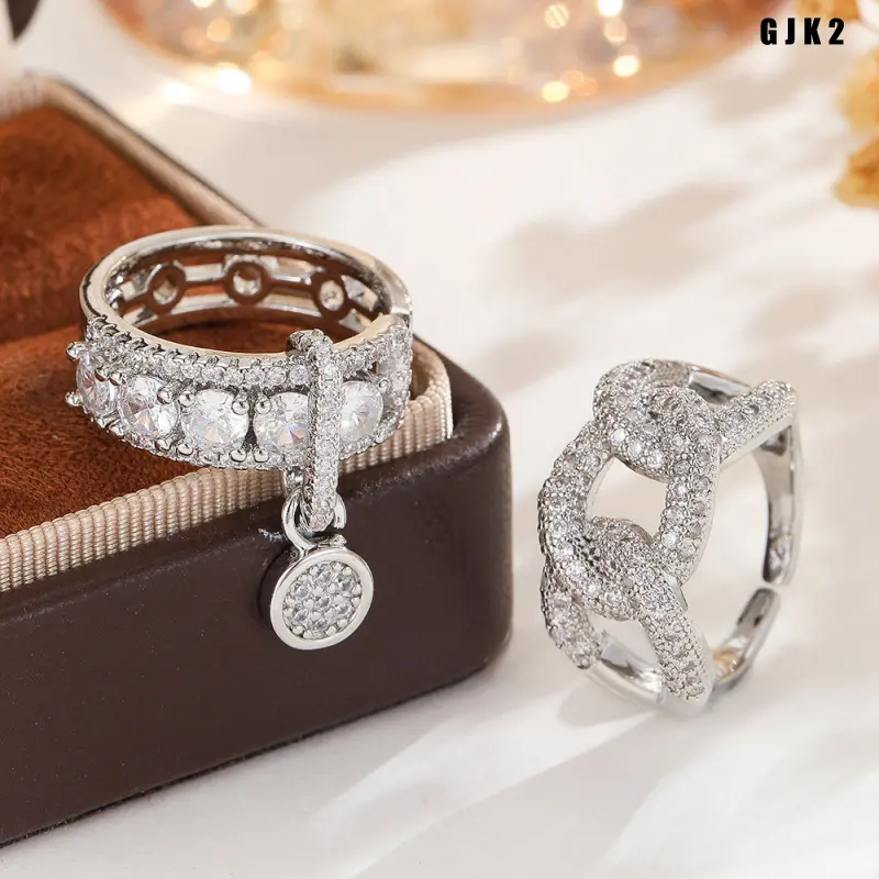 Women's Adjustable Size Paved Zircon Stone Ring Set - Sparkling Look Round Dangle Charm, Chain Link Open Rings (Costume Jewelry)