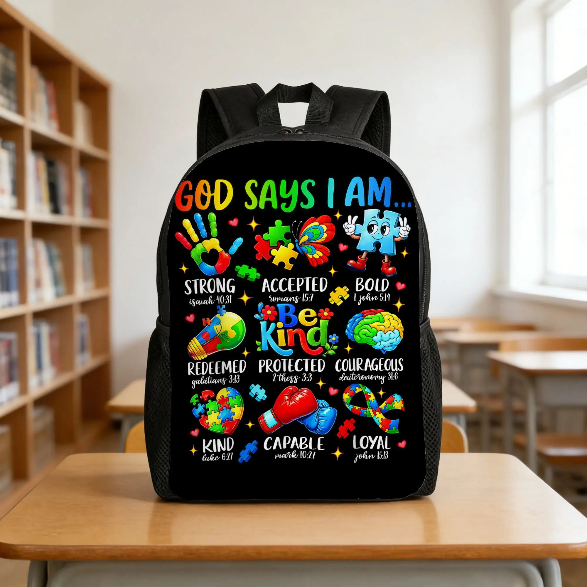 Autism Awareness Special Education Backpack for Special Needs Children (Single Pack) – Back to School Haul, Adjustable Buckle, Anti-Shock, Large-Capacity, Adjustable Straps, Zipper Closure, "Be Kind" Printed, Machine Washable, School/Birthday Gift, Adjust