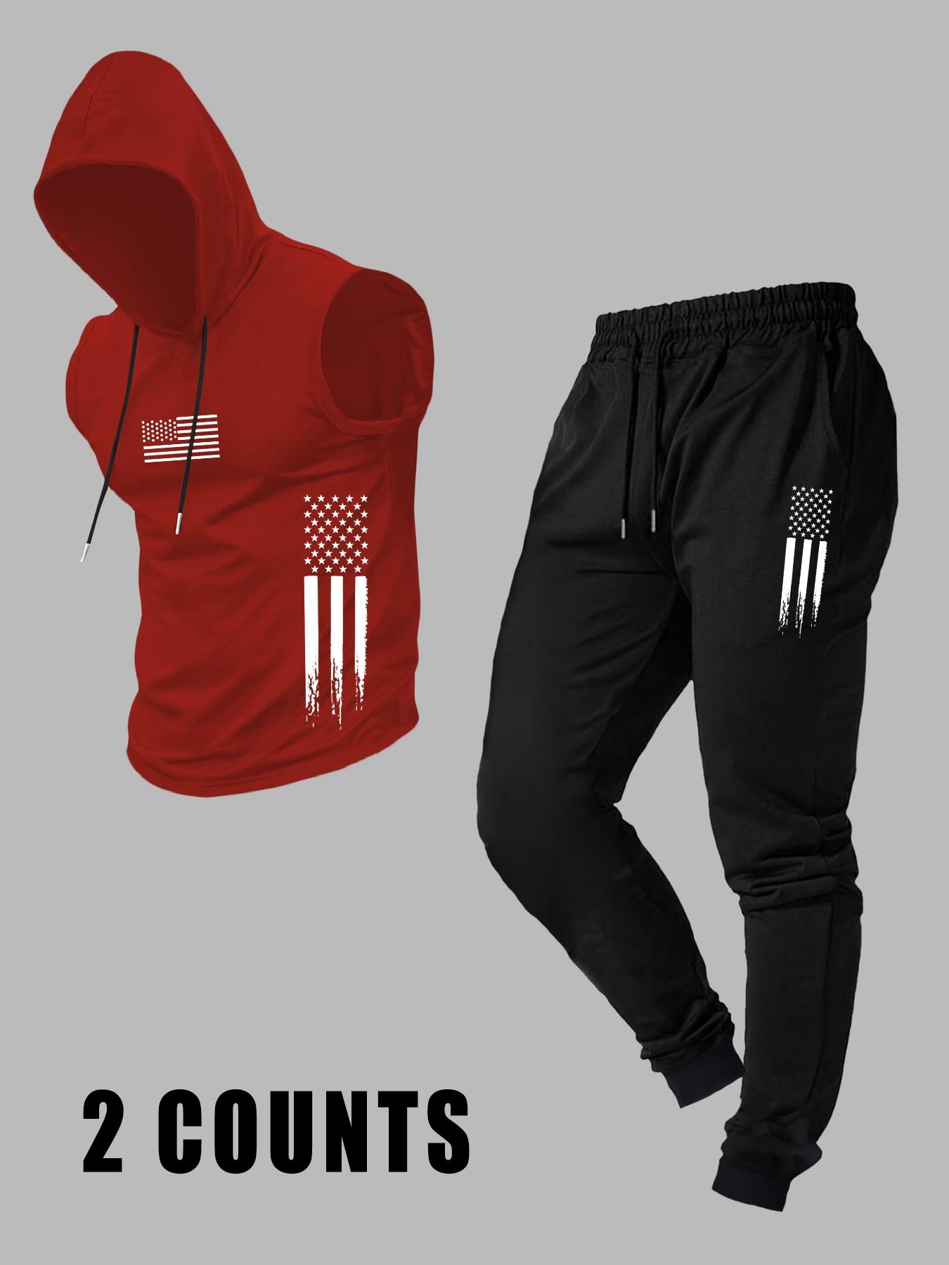 Men's Casual Hooded Vest with Long Pants, Comfortable Fitted Knit Fabric for Fall Season, Stylish Set for Everyday Wear, Activewear