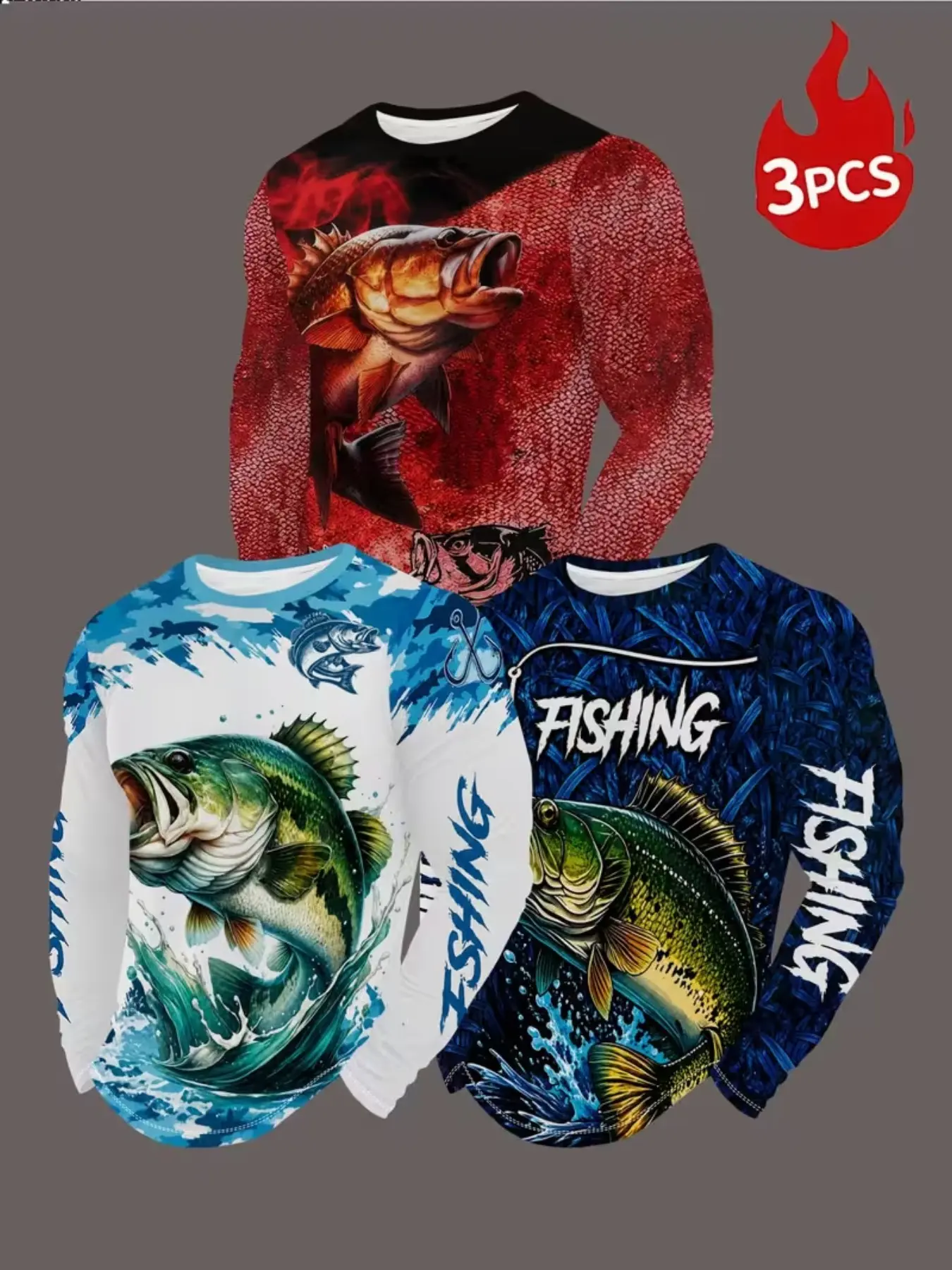 3-Piece Series Men's Casual Long Sleeve T-Shirt Set, Ink Wash Carp Print, Slim Fit, All Seasons, Fashionable Daily Wear