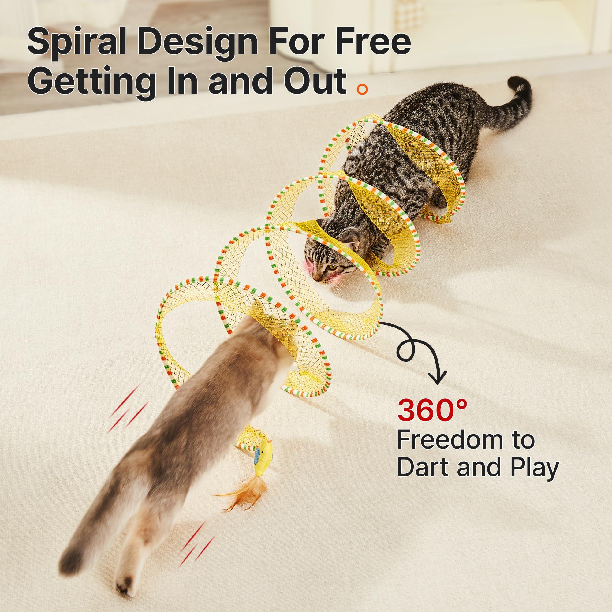 Spiral Tunnel Cat Toy, Cat Self Play Spiral Kitten Collapsible Spring Tunnel Toy for Indoor Cats with Feather and Bell, 20 Inches Unfolded
