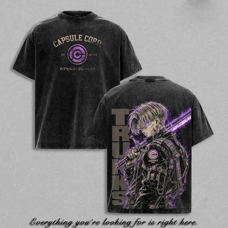 Future Trunks Capsule Corp Graphic Tee Vintage Washed Shirt Anime T-Shirt Saiyan Warrior Streetwear Tee DBZ Oversized Heavy Cotton Unisex Apparel Gift for DBZ Fans and Anime Lovers
