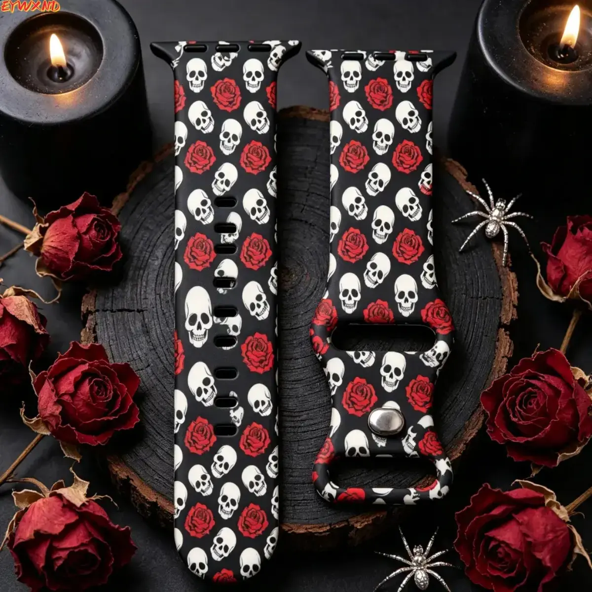 EYWXND Gothic Halloween Waterproof Silicone Replacement Strap - Black Base with White Skull & Red Roses Print, Adjustable Holes, Multi-Size, Soft Comfort, Daily Accessory for Sports Luggage & Bags (Sports & Outdoor Wristband), Skull Roses