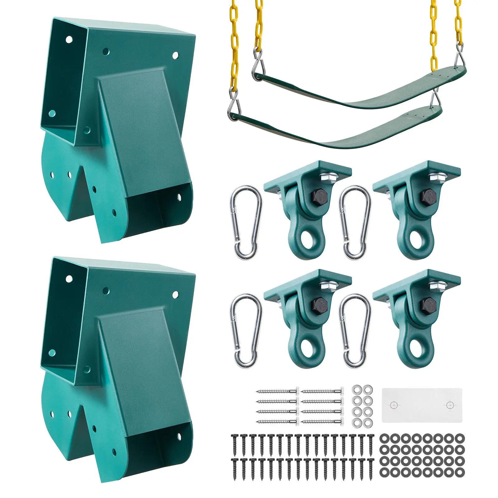 VEVOR Swing Set Brackets, Heavy-Duty A-frame Set Hardware, with 2 A-Frame Swing Brackets 2 Seats 4 Hangers, for Playground Backyard Park Equipment Mounting Parts Outdoor, Hardware Included, Green