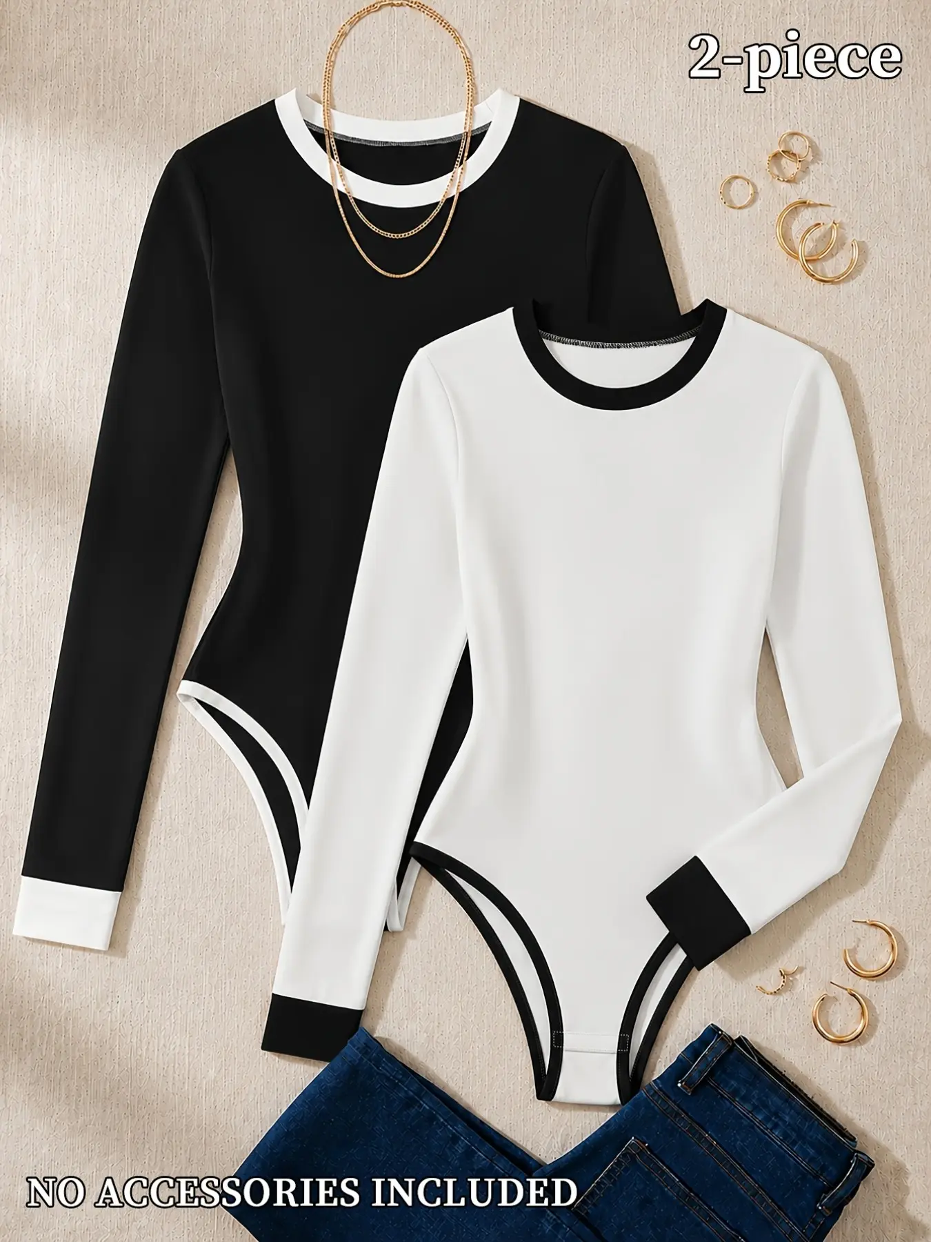 Y2K Classic and Patchwork Long Sleeve Romper, Round Neck Tight Fit High Split Women's Casual Daily Wear Two-Piece Set, Bodysuits