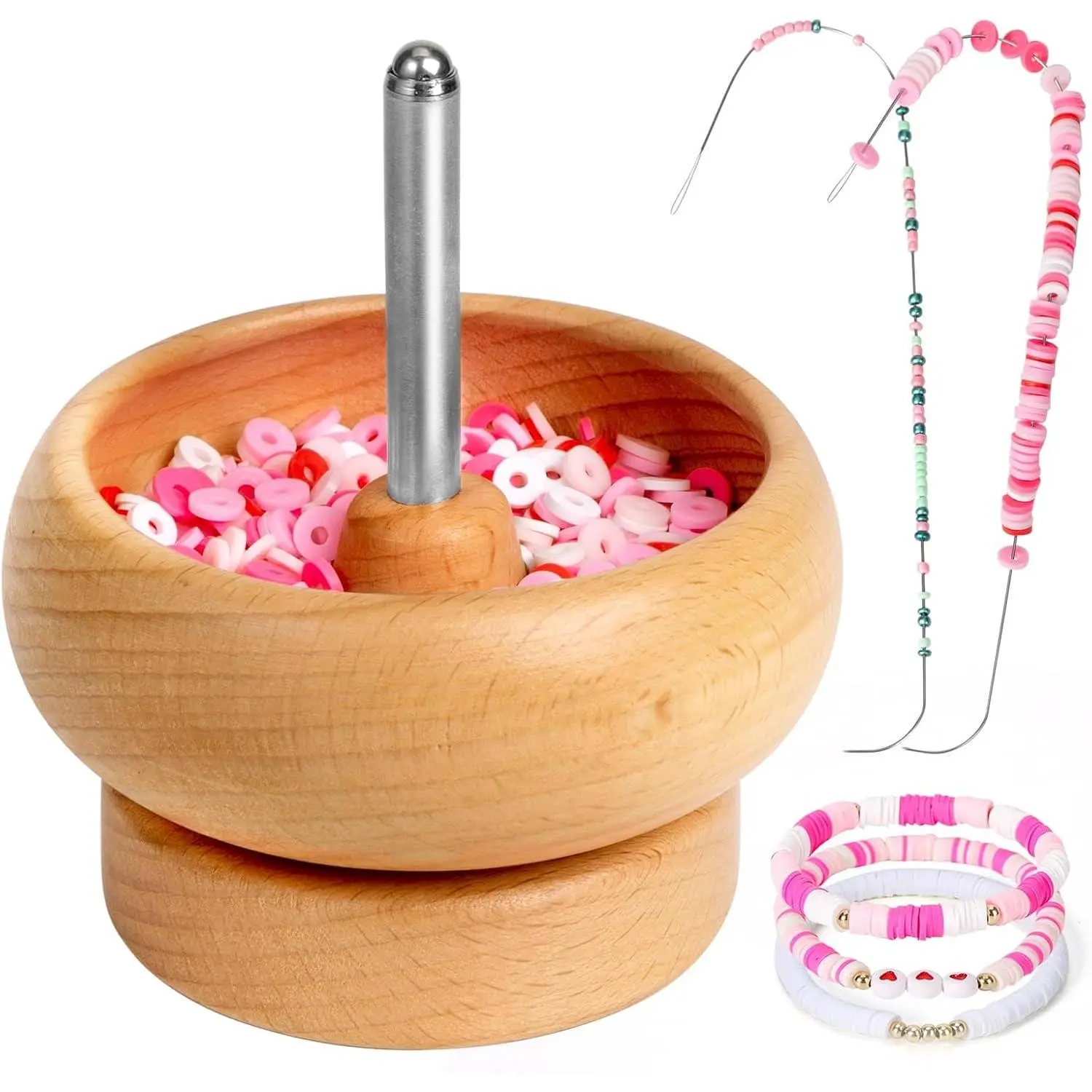 Bead Spinner for  Making, Effortless Rotating Wooden Clay Bead Spinner with 2 Big Eye Beading  and 3000 Seed Beads, Beading Supplies for Making , Bracelets, Necklace