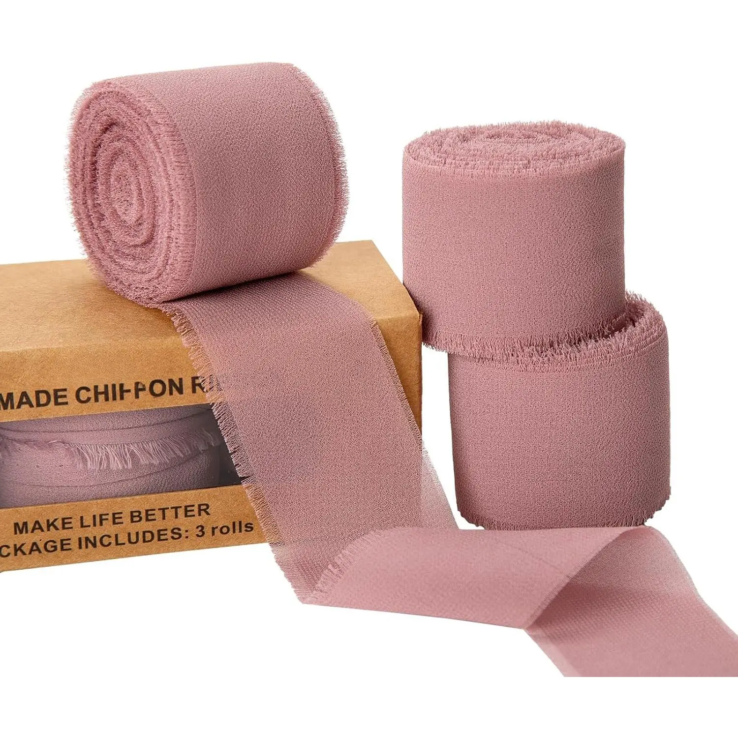 3 Rolls Dusty Rose  Chiffon Ribbon,1.5" x 21Yd(3Rolls *7Yd) | Frayed Fringe Silk Mauve Ribbons for Gifts Wrapping, Wedding Invitations, Bridal Bouquets, Decorations