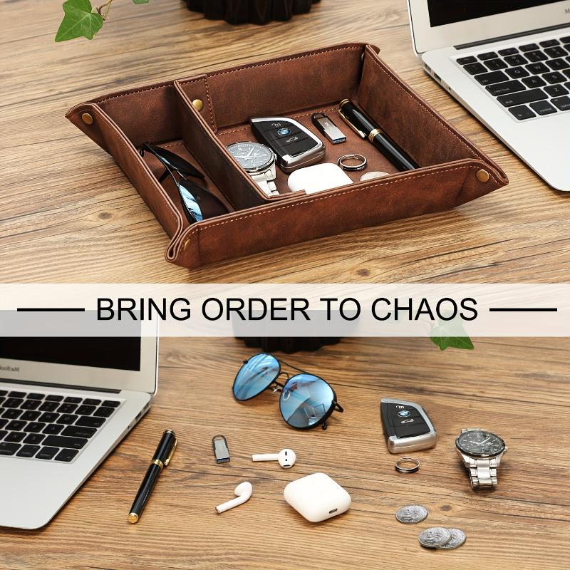 Vintage-Style Brown PU Leather Durable Valet Tray Organizer et90173 - Multifunctional Tabletop Storage with 2 Compartments, Snap Corners, Water-Resistant, Scratch-Proof for Jewelry, Keys, Wallet - Ideal Gift for Men, Desktop Storage