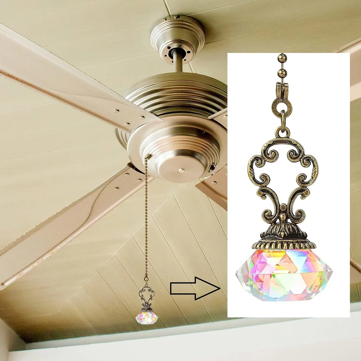 2pcs Crystal Ceiling Fan Pull Chains, Colorful Diamond Extender, Connector Crystal Prism Ball, for Bathroom, Toilet, Ceiling Light, Desk Lamp