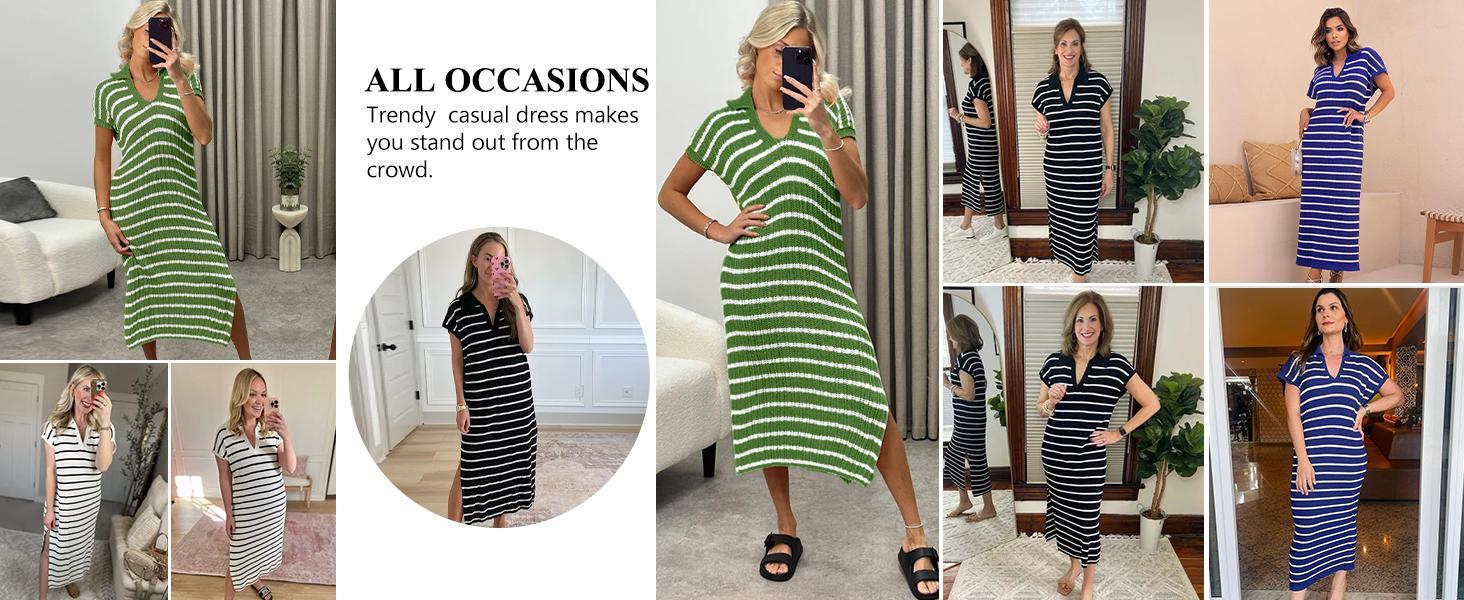 Imily Bela Womens Striped Summer Dresses Short Sleeve V Neck Knit Collared Sexy Slit Loose Maxi Sweater Dress SpringStatements