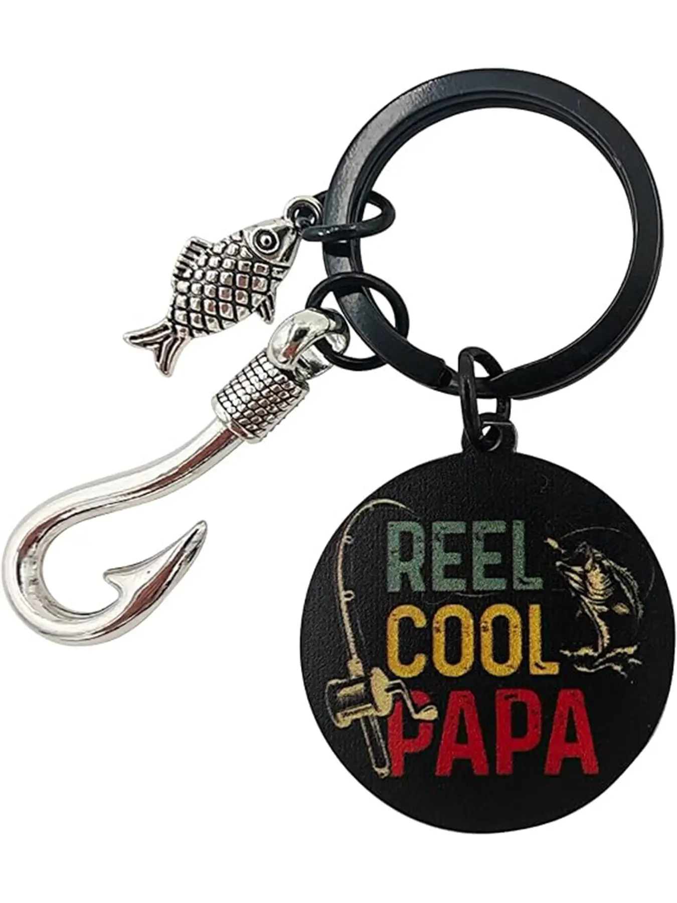 Fishing Reel Keychain, Fun Text Design, Retro Font, Fishing Rod & Jumping Fish Pattern, Perfect Gift for Outdoor Enthusiasts