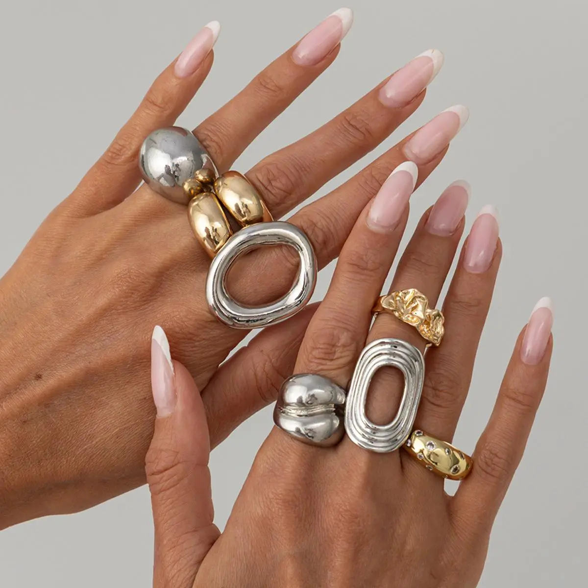 8 Piece Mixed Metal Ring Set - Alloy Faux Crystal, Cyberpunk Stack, High Value Stack, Liquid Gold Silver, Chunky Hollow Statement Rings with Faux Crystal Accents for Baddie Aesthetic Main Character Energy Costume Jewelry