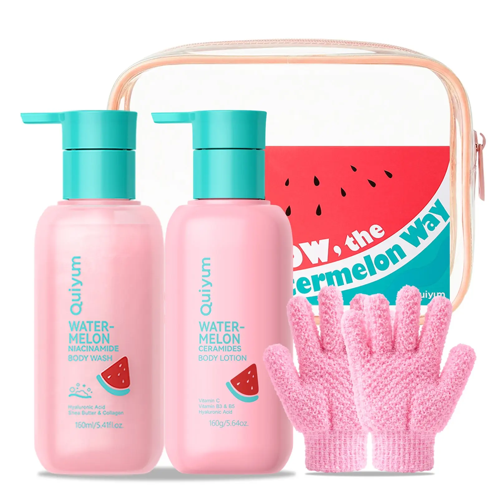 Cute Watermelon Refreshing Bath & Body Gift Set • 5-Piece Hydrating Skin Care Bundle with Shower Gel, Smooth Body Lotion, Pink Exfoliating Gloves & Clear Cosmetic Pouch for Girls Moisturizing Care Set Body Care Sets