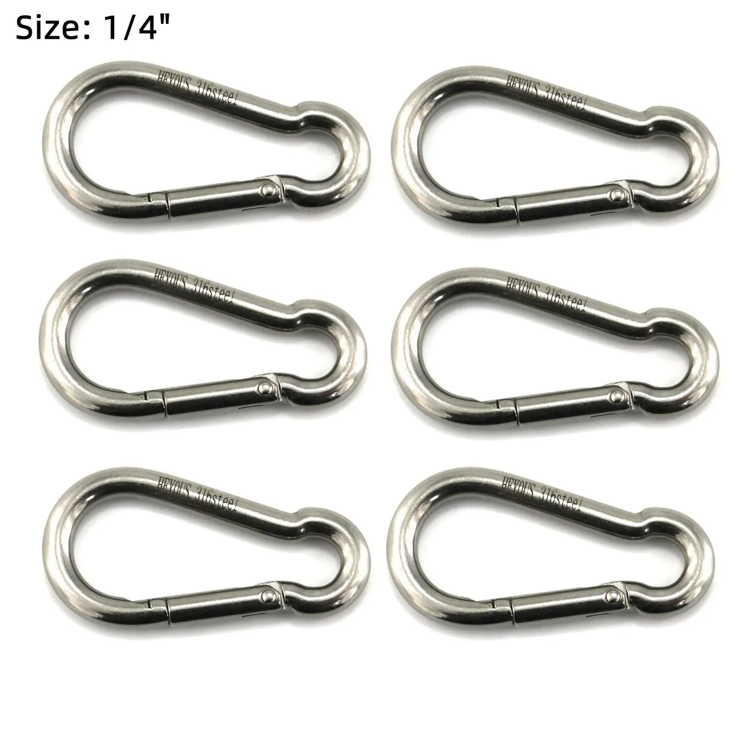 Heyous 4pcs 1/4'' Heavy-Duty 316 Stainless Steel Spring Snap Hook Carabiner Clips, M6 Size for Fishing, Hiking