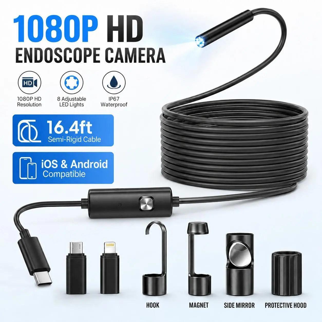 16.4FT 1080P HD Endoscope Camera, Built-in 8 Bright LED Lights, IP Waterproof Borescope Inspection Camera, Works Perfectly with iPhone & Android Phones, Ideal Tool for Pipeline Detection, Car Maintenance & Daily Repair Work