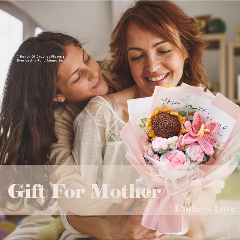 Crochet , Crochet Flower Bouquet, Crochet Sunflower,  Roses Handmade Knitted , Carnation, Preserved Flower for Mother's Day, Valentine's Day, Birthday, Graduation (Pink)