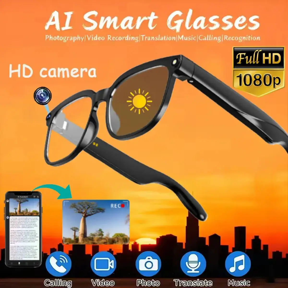 AI Smart Camera Glasses with 8MP Photochromic Lenses, 1080P FullHD Camera, WiFi, Touch Button Control, UV Protection, iOS&Android Compatibility, Hands-Free Photography, 160+ Language Real-Time Translation, Outdoor Cycling & Adventure Use, Ai Camera sohoch