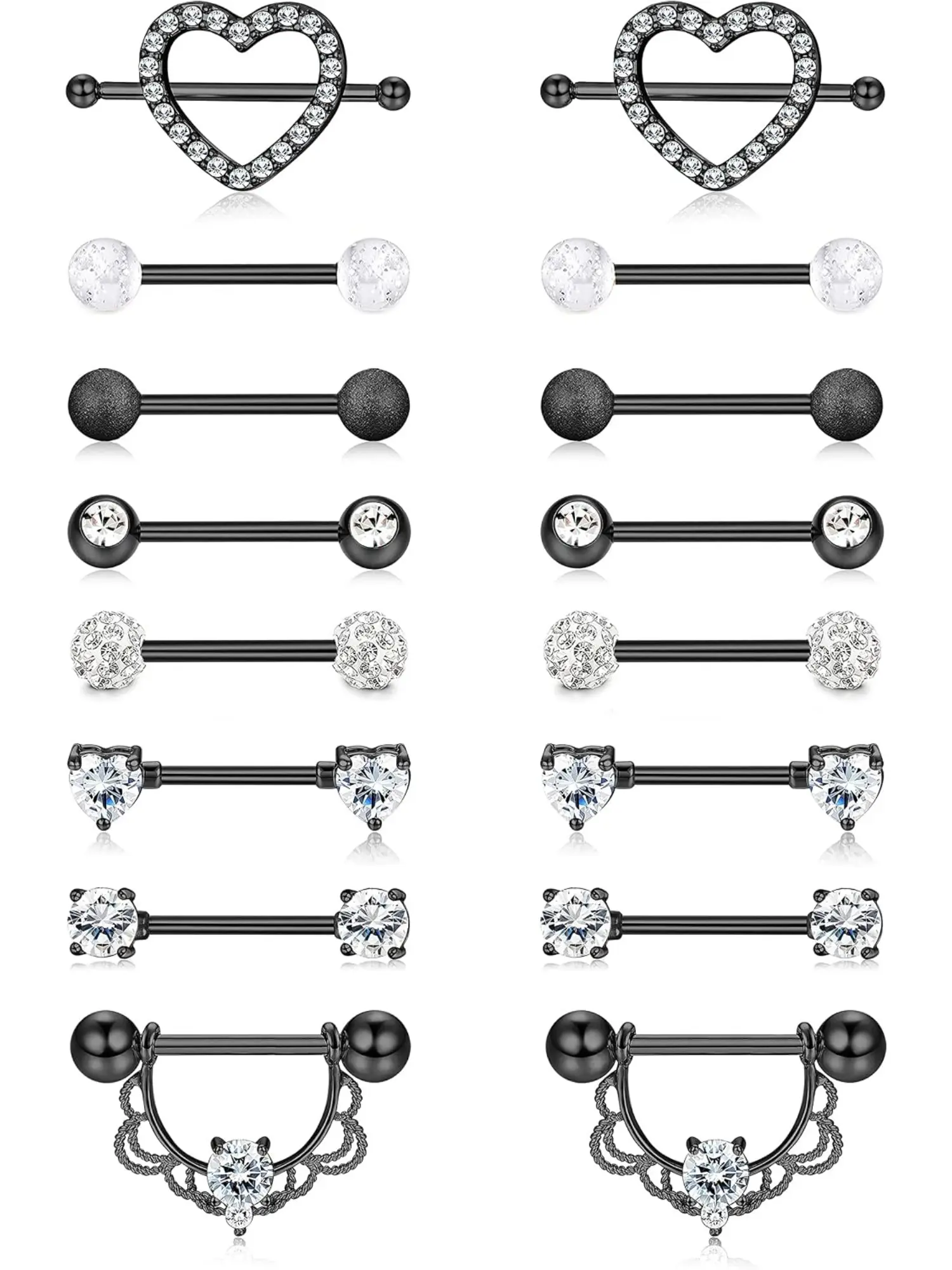 8 Pairs 14G Nipple Rings 316L Surgical Steel Heart CZ Tongue Barbell Body Piercing Shield Ring Set