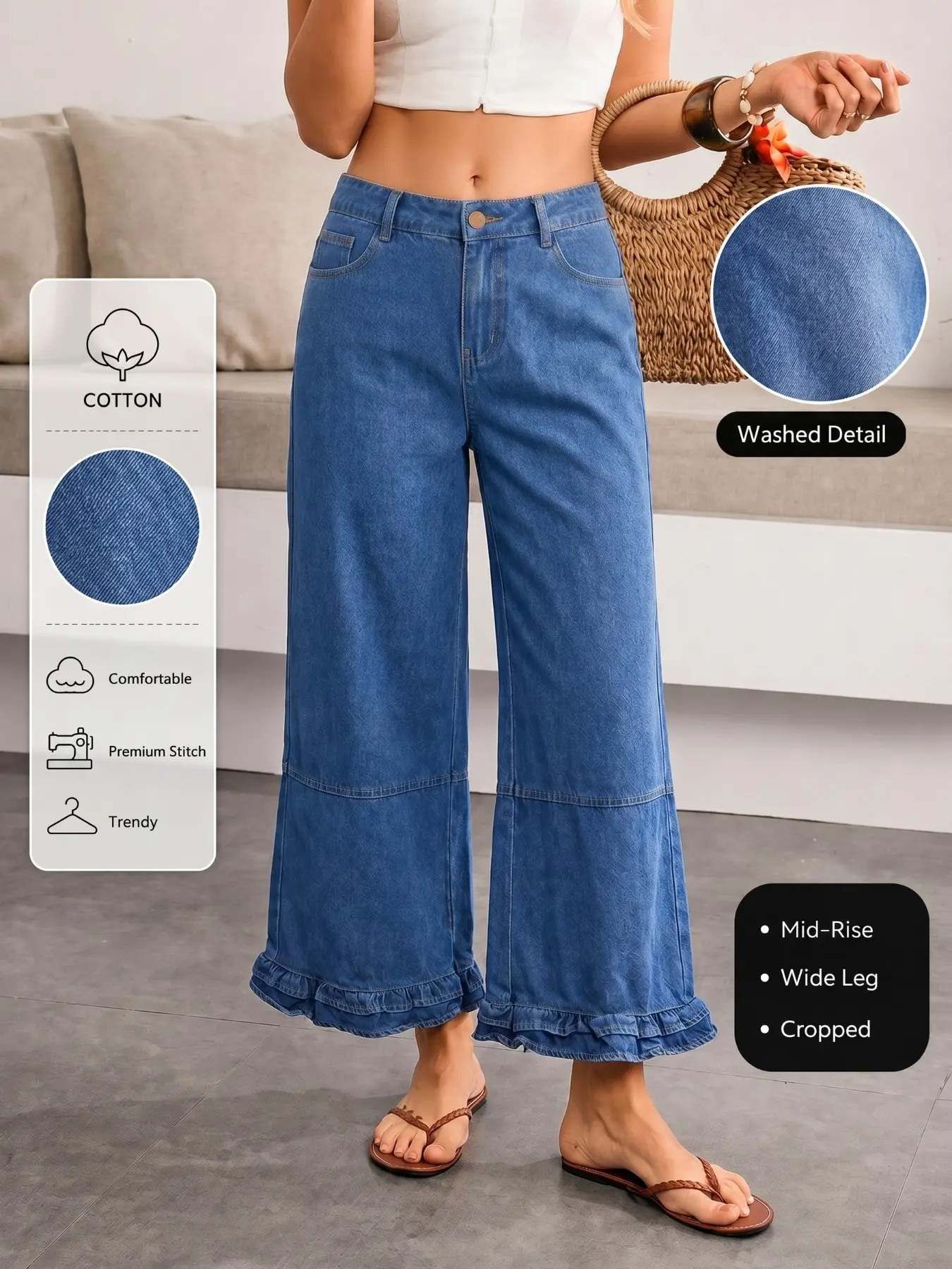 Trendy High-Waisted Wide Leg Cropped Jeans with Ruffle Hem – Slimming Casual Denim Pants for Women, Summer Street Style Outfit, Elegant Chic Everyday Wear, All Season Women's Bottoms