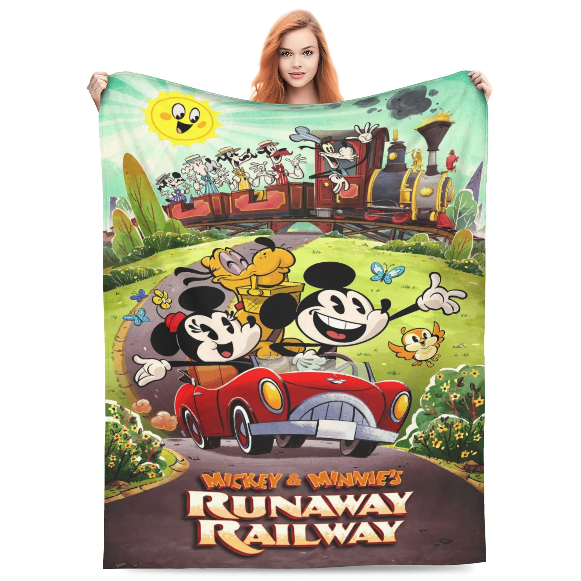 DISNEY CLASSIC Mickey & Minnie's Throw Blanket, Cartoon Mickey Minnie Pluto Red Car Train Sunny Park Butterfly Print Flannel Fleece Blanket, Soft Lightweight Cozy Blanket for Sofa Bed Bedroom, for Kids Boys Girls