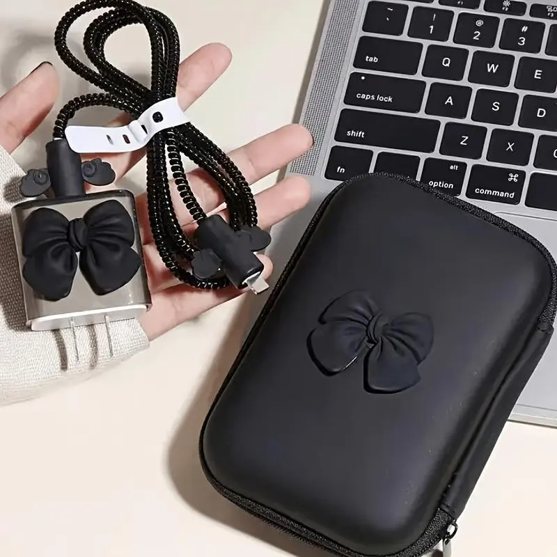 Black 6-piece set including cable protectors with bow and angel wing details, suitable for Apple 18/20W charger protective case and cable storage bag; anti-break for Apple 13 fast charging data cable, supports 17/16/15/12 sizes; Apple cable 6-piece set
