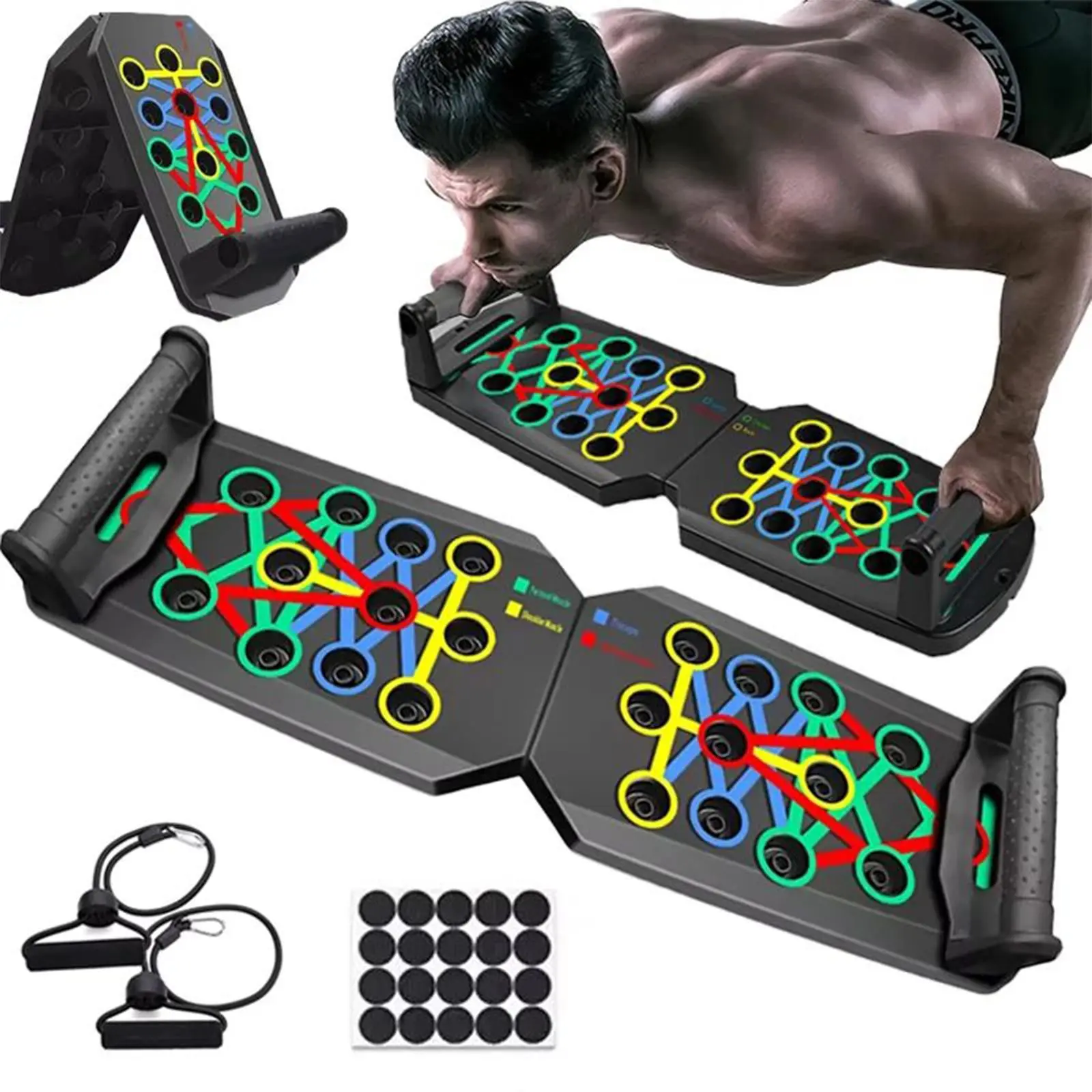 Foldable Push Up Board System for Muscle Targeting, Portable Home Gym Equipment with Resistance Band Workout Set for Full-Body Strength Training