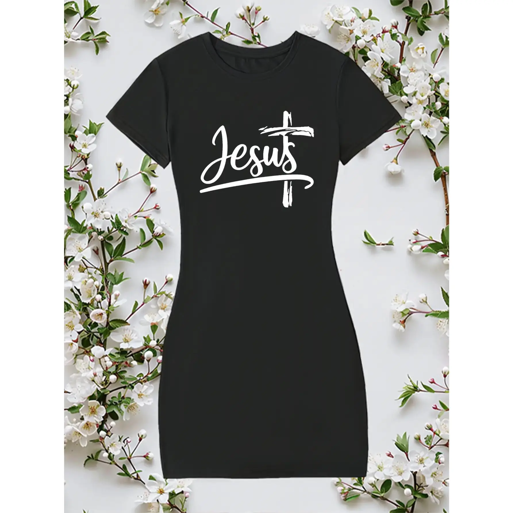 Women's Jesus & Cross Print T-Shirt Dress - Short Sleeve Round Neck Casual Church Dress with Pockets, Faith-Based Outfit, Loose Fit Spring Summer Dress for Church Services, Study & Casual Attire (White Lettering)