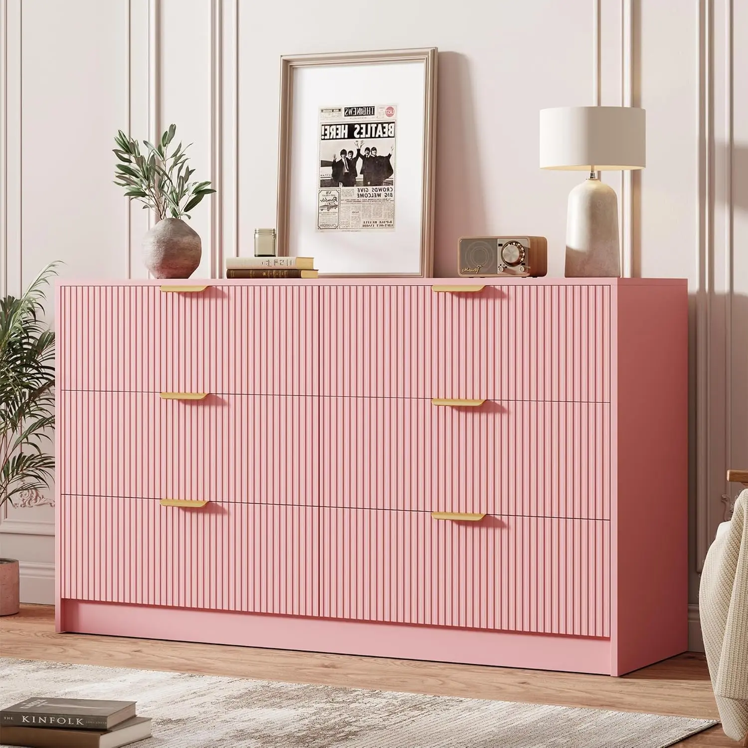 Modern 6-Drawer Rectangular Fluted Chest - 54" Wide Indoor Furniture Cabinet with Golden Metal Handles - Large Storage Unit, TV Stand - Versatile for Living Room, Entryway, Flat Base