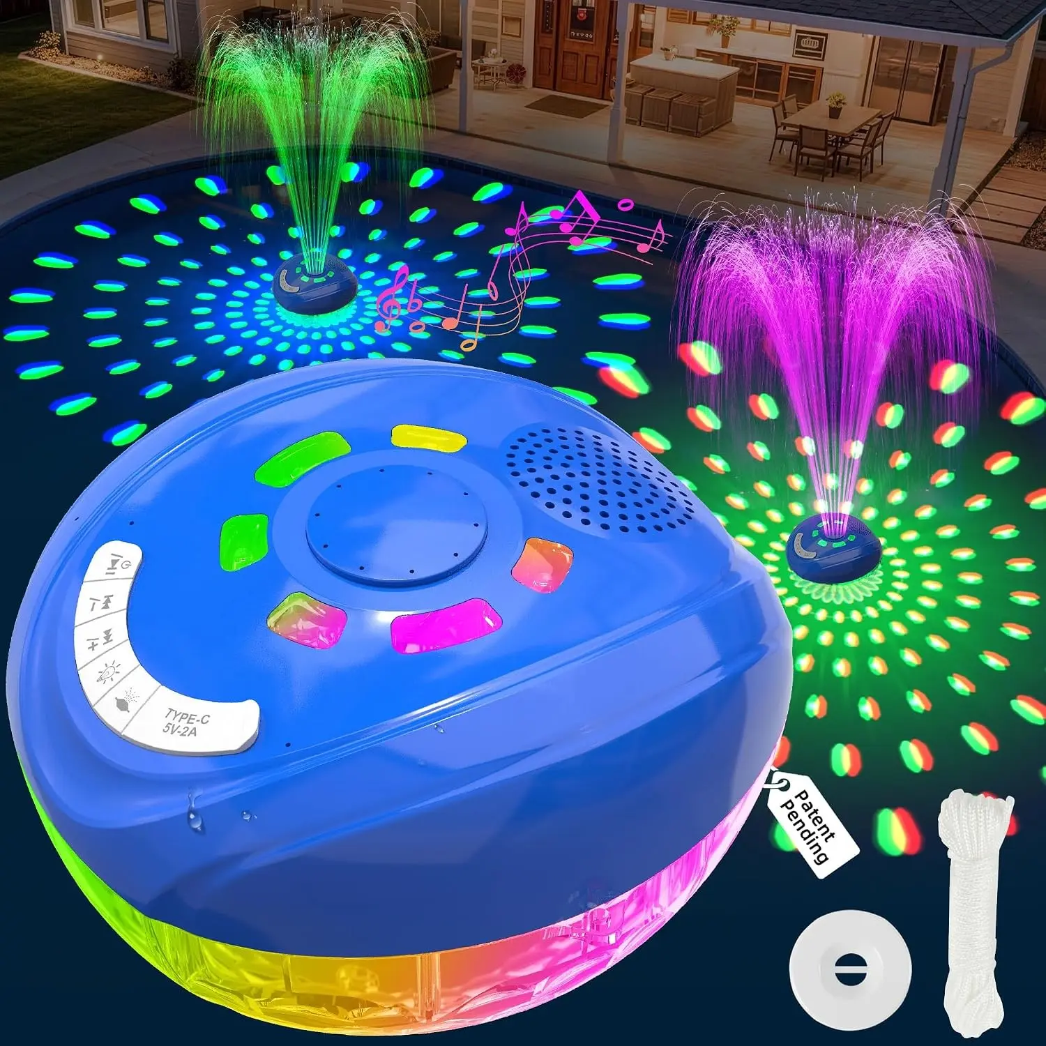 3-in-1 Pool Fountain with Bluetooth Speaker, Rechargeable Floating Fountain with Light, IP68 Waterproof BT5.4, Above Ground Pool Water Pump Fountain - Deep Blue