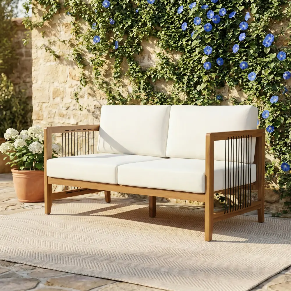 Littleox Waterproof Acacia Wood Rectangular Patio Size Loveseat Sofa - Handwoven Rope Outdoor 2-Seater Sofa with Teak Finish & Removable Cushions